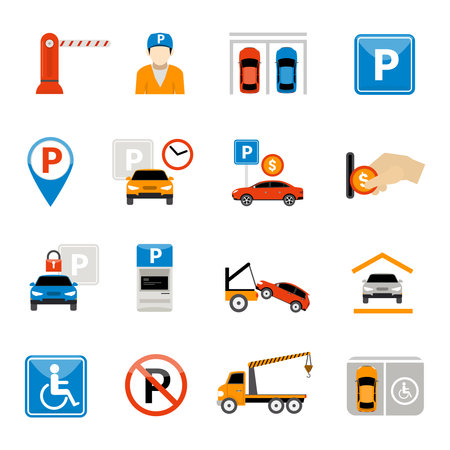 Set of parking isolated abstract icons with special signs equipment characters and actions vector illustrationのイラスト素材
