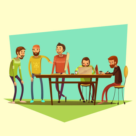 Coworking and people with laptop and coffee on yellow background cartoon vector illustrationのイラスト素材