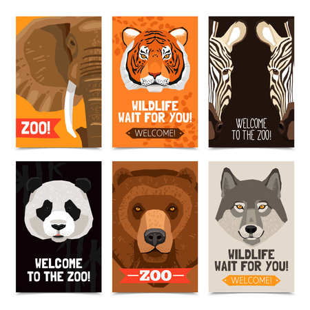 Mini posters set with different wild animals heads on each poster and zoo advertising flat vector illustrationのイラスト素材