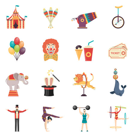 Circus performance flat color icons set with clown balloons tent acrobat and trained animals isolated vector illustrationのイラスト素材