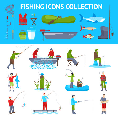 Fishing gear and equipment flat icons collection with fisherman in motorboat catching fish banners abstract vector illustrationのイラスト素材