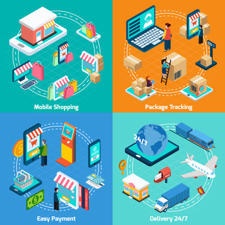 Mobile shopping delivery payment and tracking with related elements isometric 2x2 icons setのイラスト素材