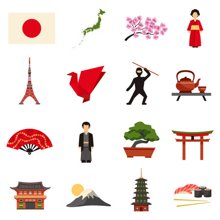 Japanese culture flat icons collection with sakura cherry blossom red lantern and bonsai abstract isolated vector illustrationのイラスト素材