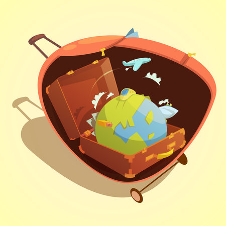 Travel cartoon concept with globe in a suitcase on yellow background vector illustrationのイラスト素材