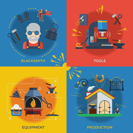Blacksmith 2x2 design concept set of tools for welding and molding smithy equipment and production flat vector illustrationのイラスト素材