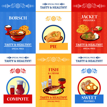 Russian cuisine special offer flat icons composition poster with fish and caviar main dish abstract isolated vector illustrationのイラスト素材
