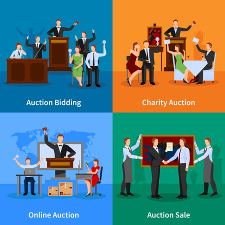 Charity auction online bidding and sale to highest bidder 4 flat icons composition abstract isolated vector illustrationのイラスト素材