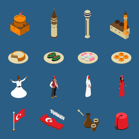Turkish cultural symbols for tourists isometric icons set with national traditional dishes clothing and mosque isolated vetor illustrationのイラスト素材