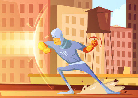 Superhero protecting the city from evil cartoon background with blocks of flats vector illustrationのイラスト素材