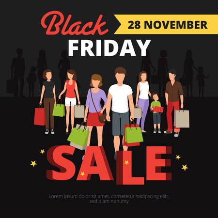 Sale poster with people and Black Friday shopping symbols flat vector illustrationのイラスト素材