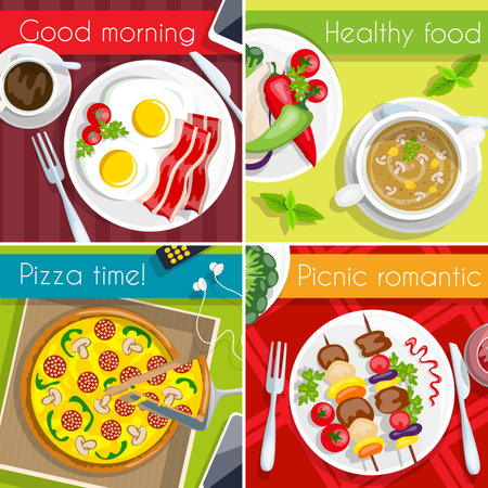 Food icon set four type of meal breakfast healthy pizza time picnic vector illustrationのイラスト素材