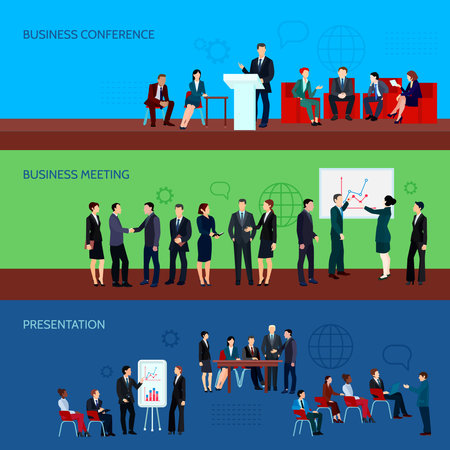 Conference horizontal banners with business people presented on different types of meetings vector illustrationのイラスト素材