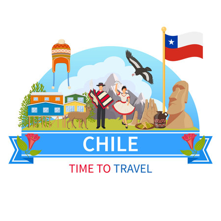 Chile flat composition with man and woman in ethnic clothes flora and fauna of national Park and historical landmarks icons vector illustrationのイラスト素材