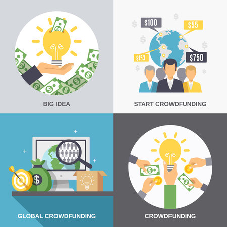 Crowdfunding 2x2 design concept with business idea finance investment and global donation icons compositions flat vector illustrationのイラスト素材