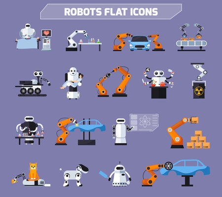 Robots icons set with technology symbols flat isolated vector illustrationのイラスト素材