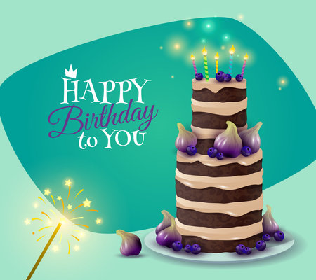 Birthday cake card with celebration and greeting symbols cartoon vector illustrationのイラスト素材