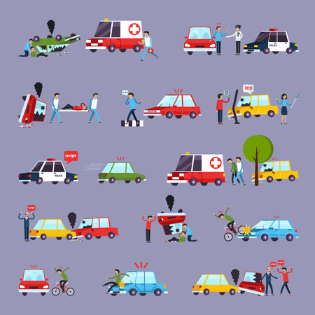 Road accident icons set with car crash symbols flat isolated vector illustrationのイラスト素材