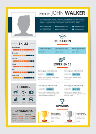 Cv template with male candidate education job experience awards and other information resume flat vector illustrationのイラスト素材