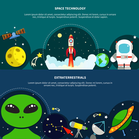 Space technology horizontal banners set with extraterrestrial symbols flat isolated vector illustrationのイラスト素材