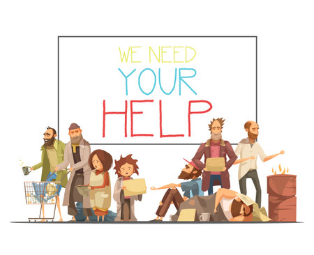 Homeless people including kids needing help and white board with inscription cartoon and retro styles vector illustrationのイラスト素材