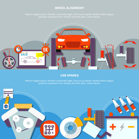 Two horizontal banner on auto service theme with wheel alignment and car spares design compositions flat vector illustrationのイラスト素材