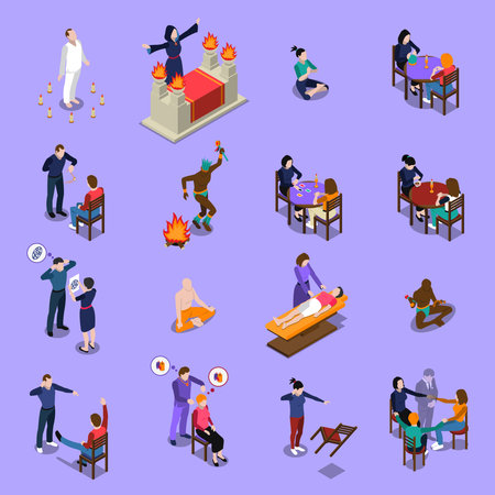 Paranormal abilities isometric set with prediction hypnotism voodoo and healer meditation on blue background isolated vector illustrationのイラスト素材
