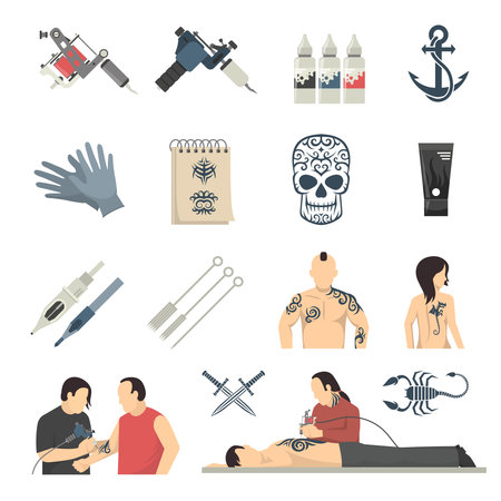 Tattoo studio designs equipment and procedures with artist using electric machine flat icons collection isolated vector illustrationのイラスト素材