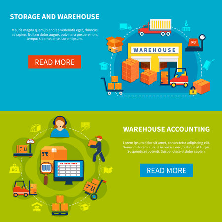 Two horizontal logistic banner set with storage and warehouse and warehouse accounting descriptions vector illustrationのイラスト素材