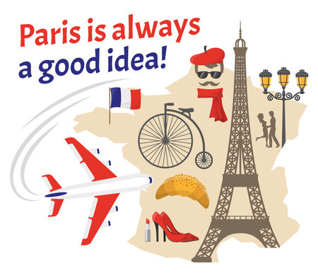 Paris decorative flat icons set with french flag map street actor eiffel tower red shoes vector illustrationのイラスト素材
