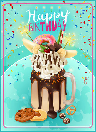 Extreme freakshake festive dessert birthday party invitation card poster with rich chocolade cake milkshake topping vector illustrationのイラスト素材