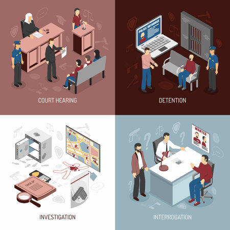 Law system isometric concept with arrest of criminals court hearing investigation interrogation isolated vector illustrationのイラスト素材