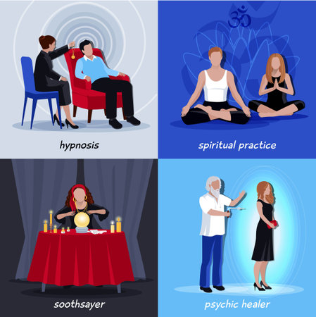 Four square hypnotism extrasensory icon set with spiritual practice soothsayer physic healer descriptions vector illustrationのイラスト素材
