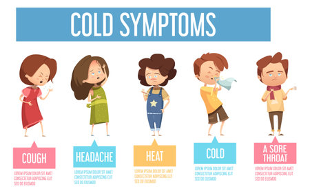 Kids flu cold common symptoms flat infographic poster with children having headache cough running nose vector illustrationのイラスト素材