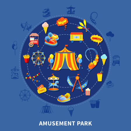 Amusement park presentation layout with big top attractions and food abstract isolated vector illustrationのイラスト素材