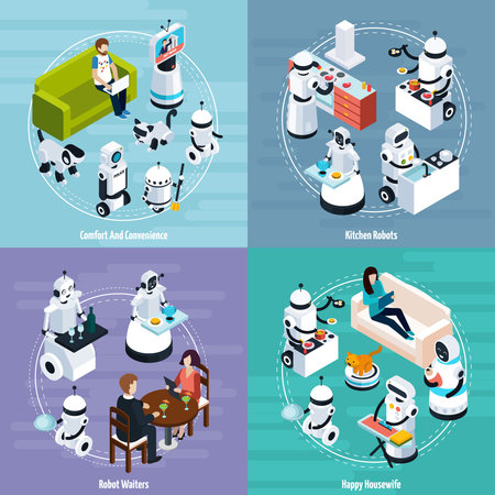 Kitchen and housewife home robots 2x2 isometric design concept of cleaning washing cooking waiters functions vector Illustrationのイラスト素材