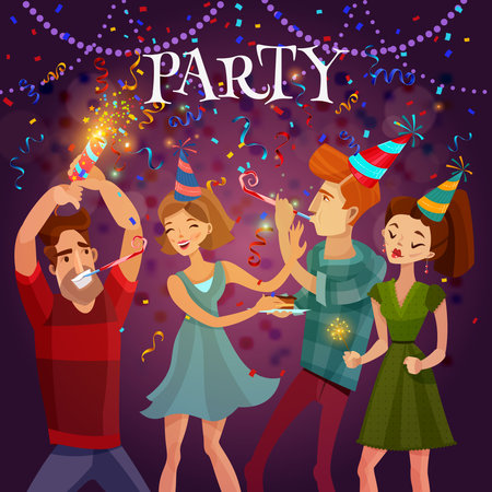 Birthday party evening celebration in disco cafe with bengal lights and confetti festive bright colorful background vector illustrationのイラスト素材