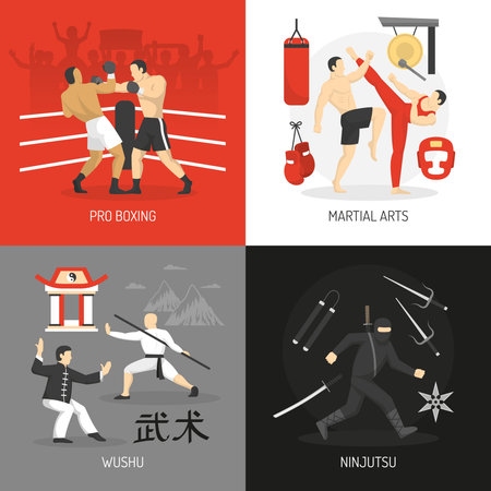 Martial arts concept with boxing chinese fighting school ninja and edged weapon training equipment isolated vector illustrationのイラスト素材