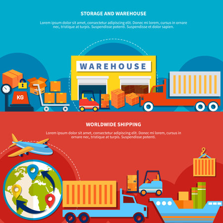 Two logistic banner set with worldwide shipping and storage and warehouse isolated and with text vector illustrationのイラスト素材