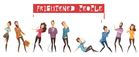 Colored and isolated fear person icon set with men and women are afraid of something and red headline frightened people vector illustrationのイラスト素材