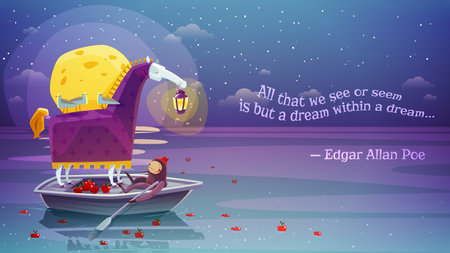 Night dream surreal horse with lantern in boat with yellow moon and poetry verse background abstract vector illustrationのイラスト素材