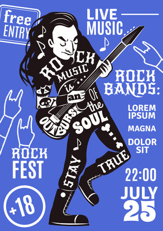 Rock band music night concert advertisement poster with date time and black performer figure abstract vector illustrationのイラスト素材
