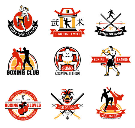 Martial clubs colorful emblems with edged weapon sumo boxing chinese temple combat skill school isolated vector illustrationのイラスト素材