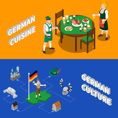 German culture for tourists 2 isometric banners with traditional national cuisine dishes and sightseeing abstract vector illustrationのイラスト素材