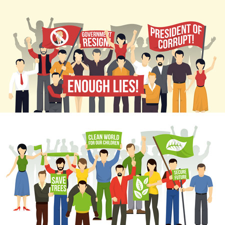 Political and ecological demonstrations horizontal banners with crowd demanding people with flags placards isolated vector illustrationのイラスト素材