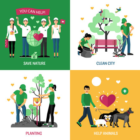 Volunteers 2x2 design concept set of help animals planting clean city and save nature action compositions flat vector illustrationのイラスト素材