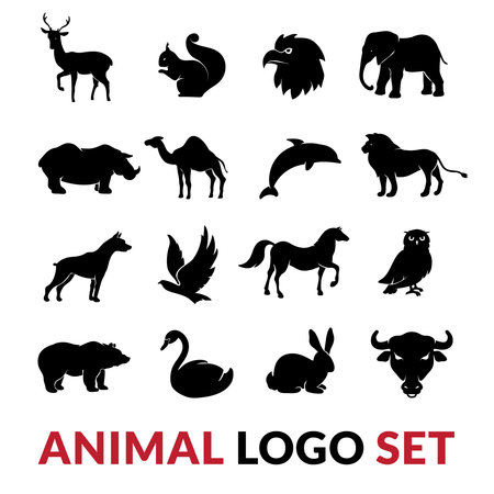 Wild animals black silhouettes logo icons set with lion elephant swan squirrel and camel vector isolated illustrationのイラスト素材