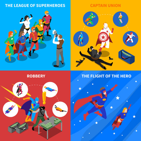 Superhero Isometric Concept. Superhero Icons Set. Superhero Vector Illustration. Superhero People Symbols.Superhero  Design Set.  Superhero Elements Collection.のイラスト素材
