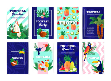 Tropical banners cards set with cocktail party paradise fruits vector illustrationのイラスト素材