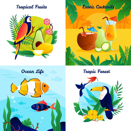 Tropical design concept with fruits exotic cocktails ocean life vector illustrationのイラスト素材