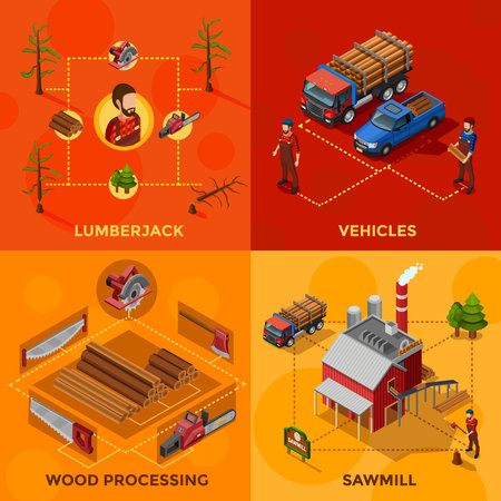 Lumberjack 2x2 isometric design concept set of wood processing and sawmill compositions woodcutter tools and vehicles for lumber transportation icons flat vector illustrationのイラスト素材